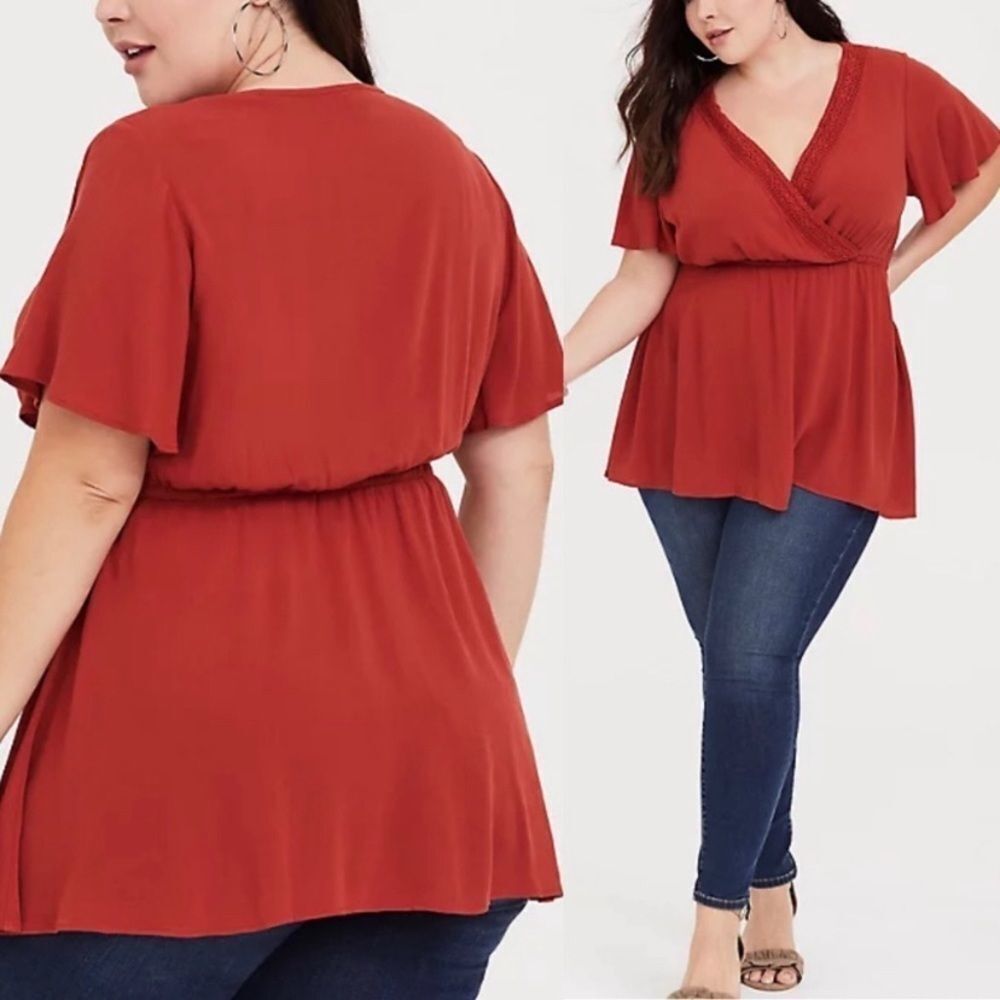 TORRID LILY - RED CREPE LACE BABYDOLL BLOUSE
